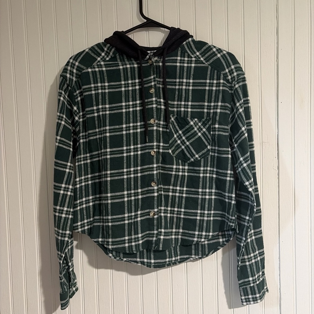 Forest Green Plaid Button-Down Shirt with Black Hood